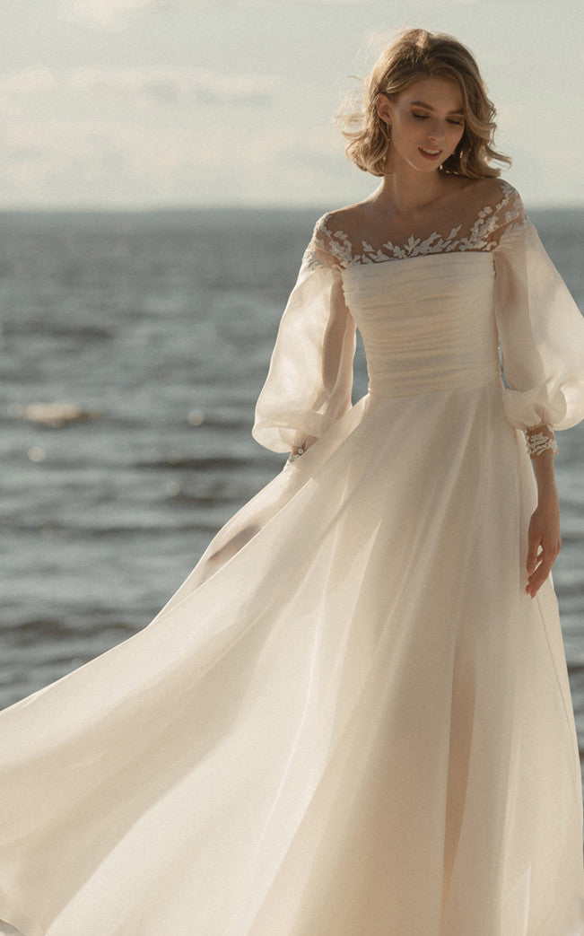 Informal 3 4 Length Poet Sleeves A Line Organza Wedding Dress With Zipper Low V Back 716440