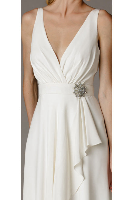 High-Low V-Neck Ruched Draped Chiffon Wedding Dress With Brush Train And V  Back-MK_701289