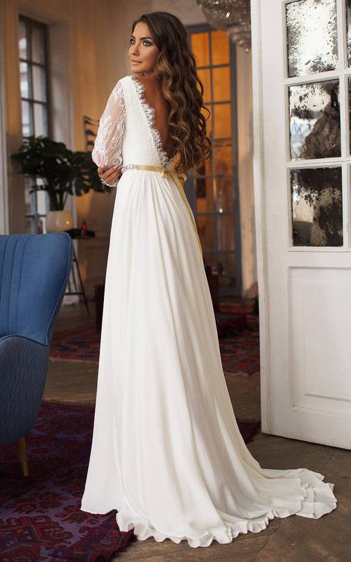 Modest Long Sleeve Satin Wedding Gown With Cathedral Train And  Buttons-715717