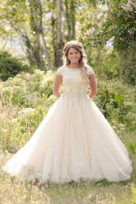 Illusion Sleeved Beaded Lace A-line Wedding Dress
