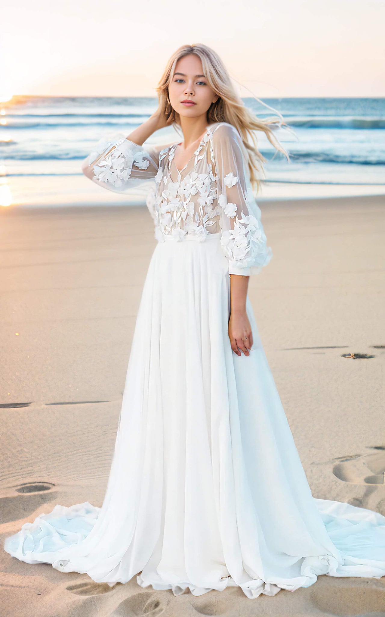 Ethereal Floral Beach A-Line Bohemian 3D Lace Flower Wedding Dress with Sleeves Modest Elegant Court Train Bridal Gown