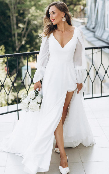 Modest Solid White A-Line Split Front Wedding Dress Elegant Simple Casual Long Sleeves V-Neck Bridal Gown