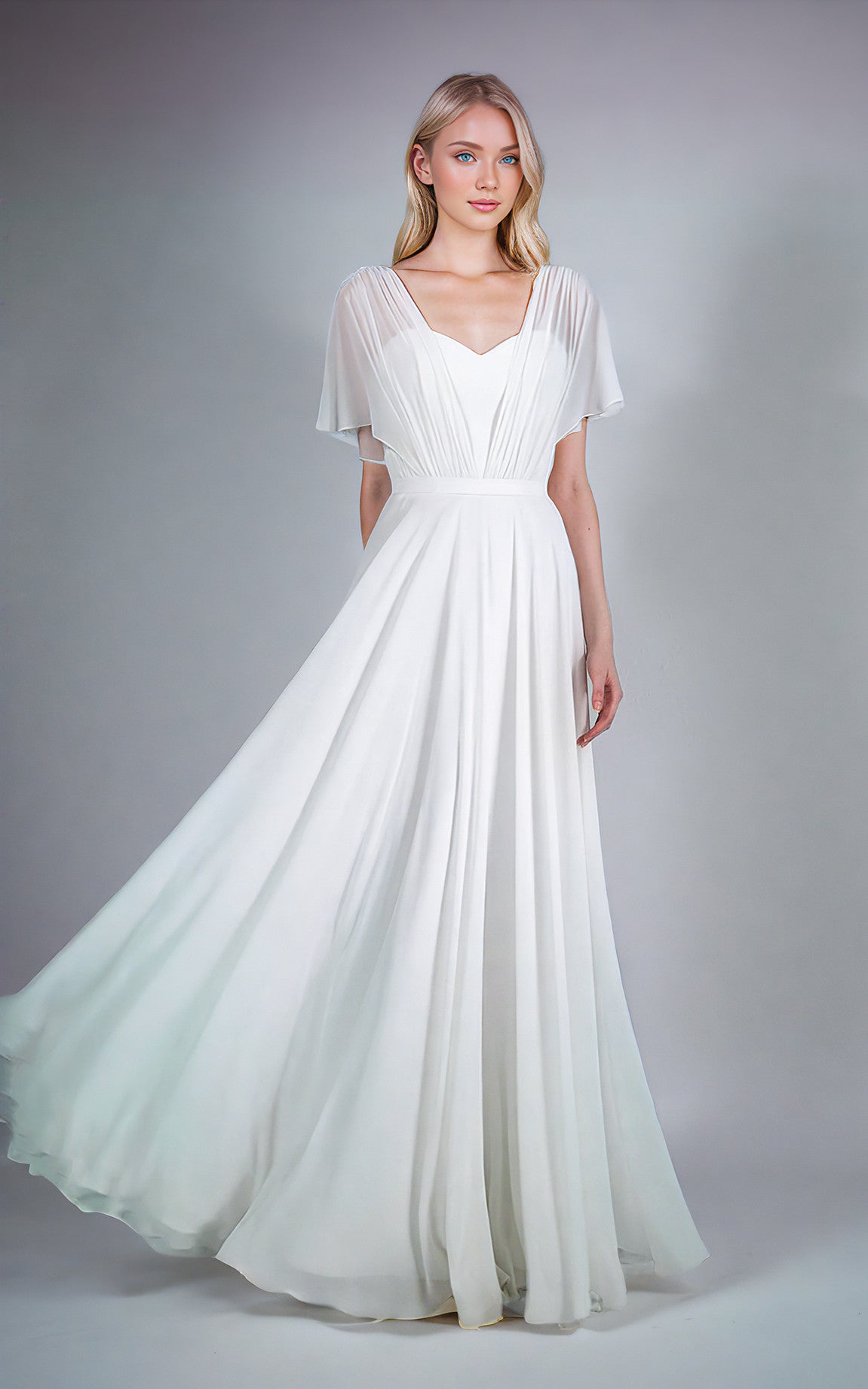 Modest Simple Sweetheart Short Sleeves A-Line Maxi Wedding Dress Casual Corset Back Chiffon Bridal Gown with Pleats