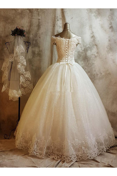 Princess Floral Short Sleeves A-Line Boho Off-the-Shoulder Lace Wedding Dress Vintage Unique Sparkly Tulle Ball Gown with Appliques and Beading