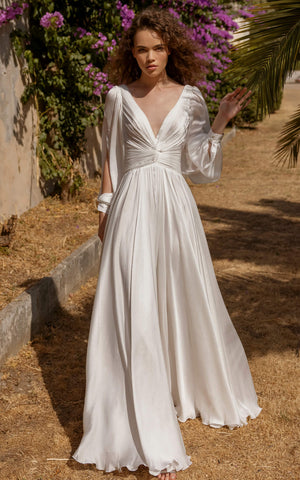 Simple Casual A-Line Petal Long Sleeve Wedding Dress Flowy Unique V-Neck Criss Cross Ruched Bridal Gown