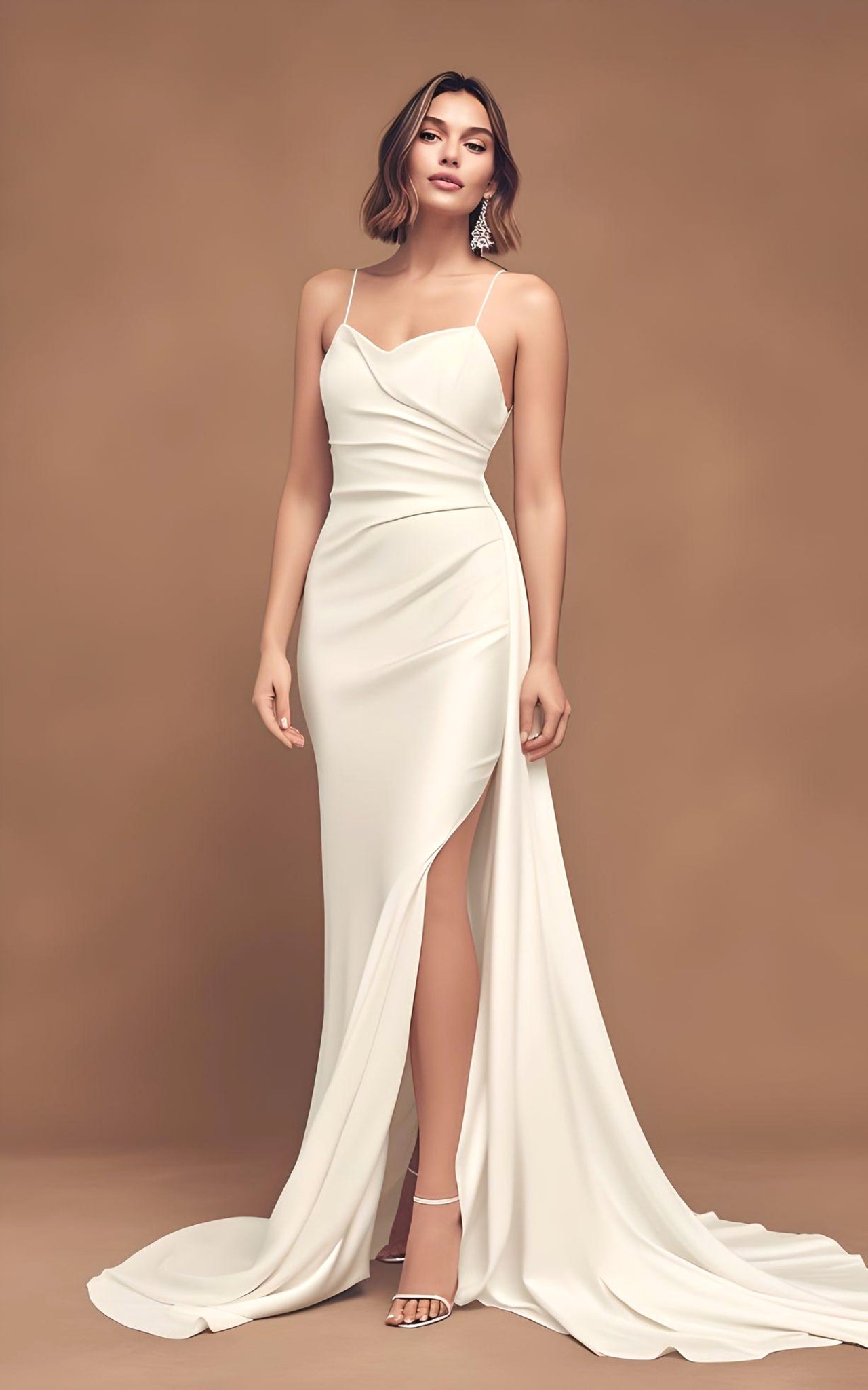 Classic Mermaid Spaghetti Straps Satin Wedding Dress Sexy Fit and Flare Backless Split Front Bridal Gown with Sweep Train