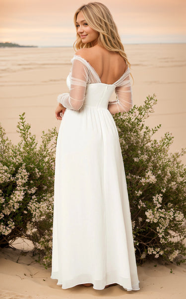 Ethereal Illusion Beach Off the Shoulder Satin Sheath Wedding Dress Sexy Elegant Forest Split Front Sleeved Maxi Gown