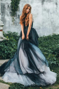 Gothic Black and Grey A-Line Ball Gown Wedding Dress Whimsical Boho Flowy Sleeveless Tulle Spaghetti Straps Court Train Bridal Gown