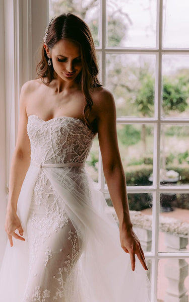 Modern Stylish A-Line Boho Detachable Wedding Dress Sexy Elegant Sweetheart Strapless Sleeveless Lace Tulle Bridal Gown