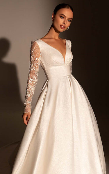 Simple Minimalist A-Line Glitter Satin Chapel Train Ball Gown Wedding Dress with Lace Sleeves and Sash