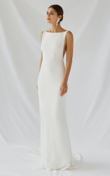 Modest Simple Satin Sheath Bateau Wedding Dress Urban Modern Sweep Train Backless with Button Fitted Bridal Gown