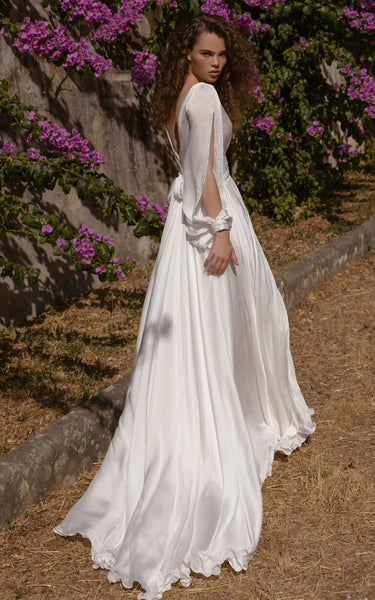 Simple Casual A-Line Petal Long Sleeve Wedding Dress Flowy Unique V-Neck Criss Cross Ruched Bridal Gown