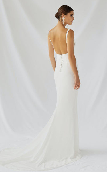 Modest Simple Satin Sheath Bateau Wedding Dress Urban Modern Sweep Train Backless with Button Fitted Bridal Gown