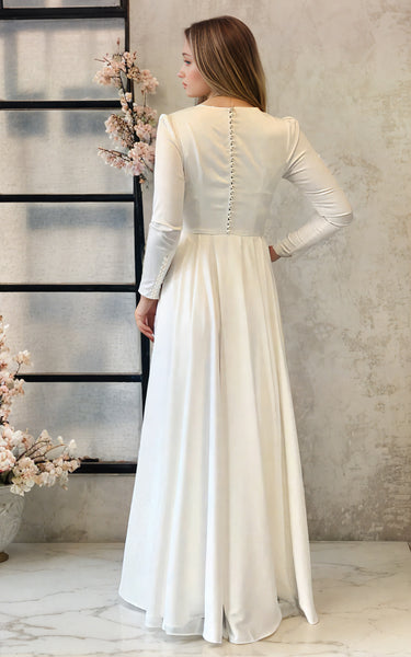 Modest Simple Solid Elegant White A-Line Satin Maxi Wedding Dress with Button Back