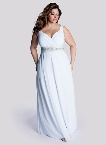 Modest Simple Plus Size Sheath Maxi Wedding Dress Minimalist Casual Beading Ruched Bridal Gown with Waist Jewelry