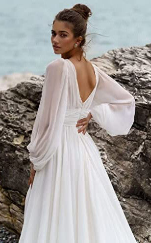 Beach Modest Elegant A-Line Split Front Wedding Dress Simple Casual Flowy Puff Long Sleeves V-Neck Bridal Gown with Train