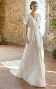 Modest Civil Short Sleeves A-Line Wedding Dress Simple Casual V-Neck Low-V Back Floor Length Bridal Gown with Train