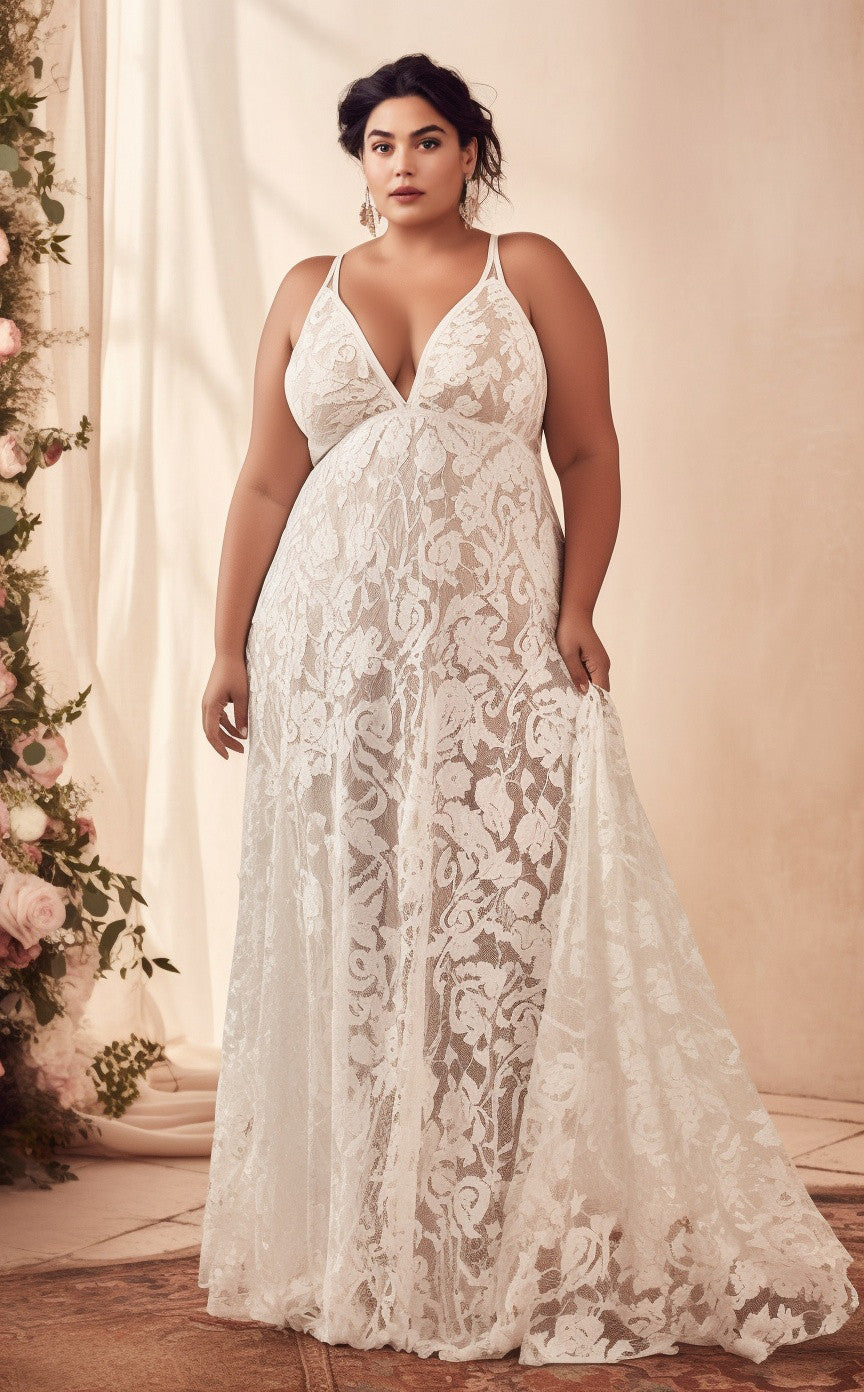 Floral Beach Plus Size Casual A Line Boho Lace Maxi Wedding Dress with DorrisDress