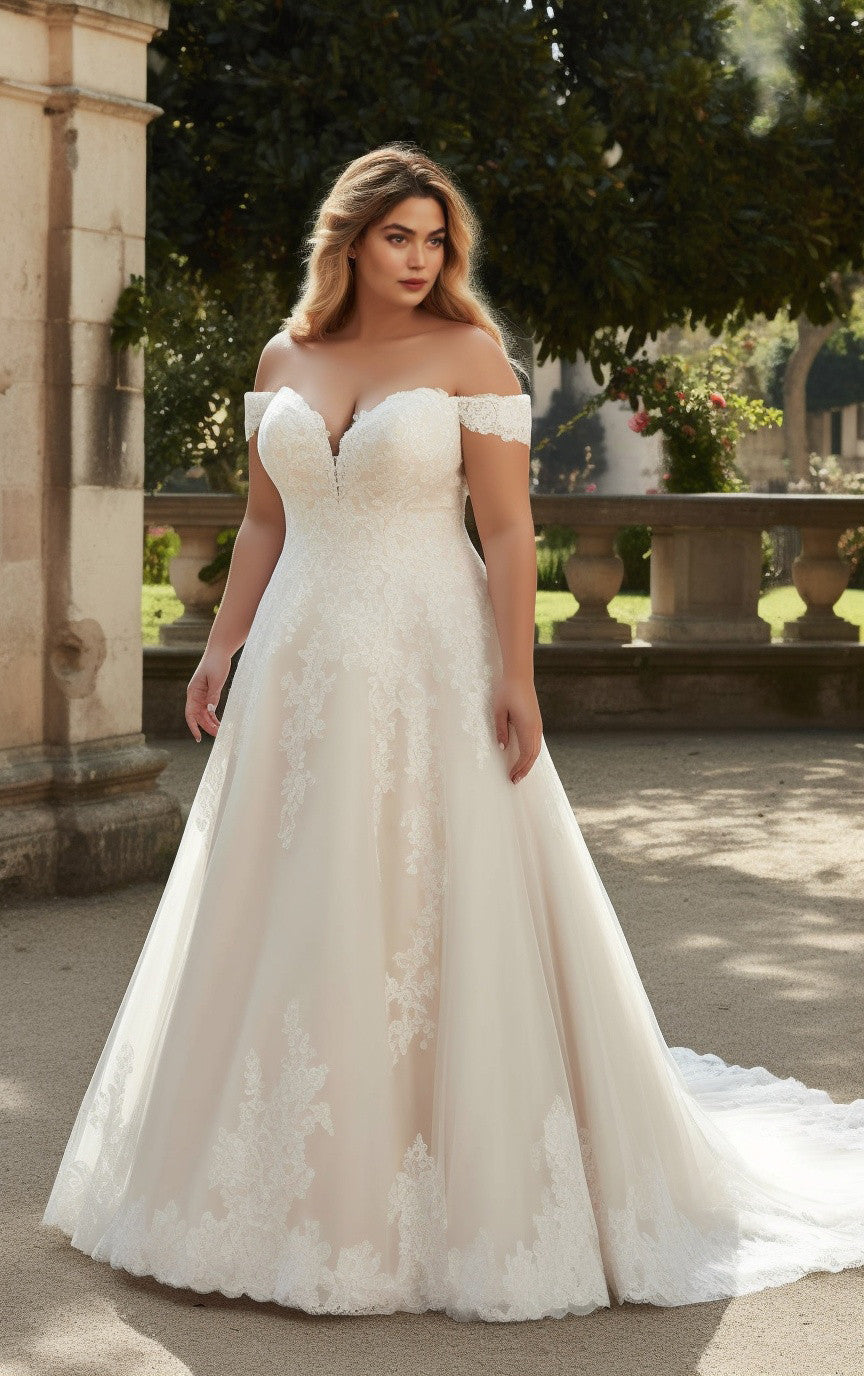 Princess Plus Size Boho A-Line Ball Gown Lace Wedding Dress Floral Sexy Elegant Sleeveless Off-the-Shoulder Bridal Gown