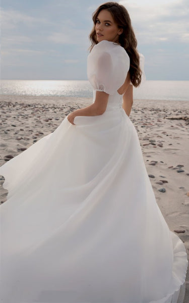 Beach Modest Simple Puff Short Sleeves Wedding Dress Princess Minimalist A-Line Tulle Satin Bridal Gown with Train