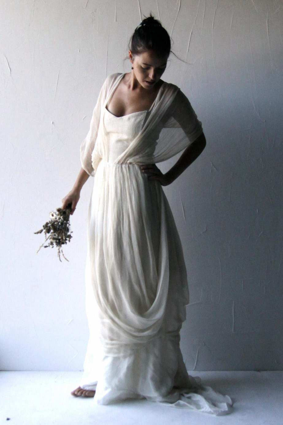 Simple Modest Casual Chiffon Corset Back Floor Length Sweep Train Wedding Dress