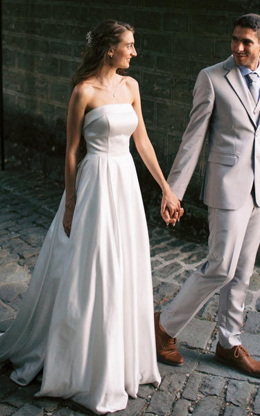 Simple Modest Sleeveless Strapless A-Line Satin Wedding Dress Casual Minimalist Elopement Corset Maxi Bridal Gown