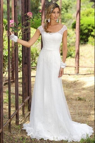 Vintage Beach Boho Lace A-Line Appliqued Tulle Wedding Dress with Zipper Back and Cap Sleeves