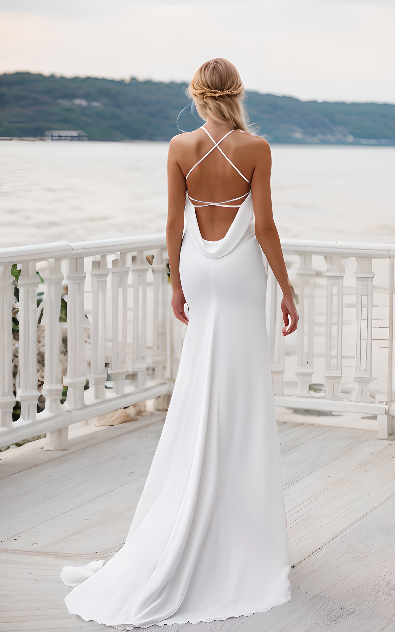 Beach Simple Elegant Cowl Back Sheath Wedding Dress Minimalist Halter Neck Cross Straps Bridal Gown