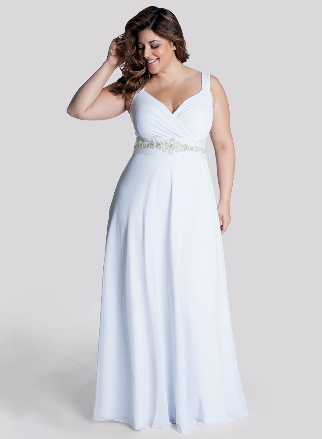 Modest Simple Plus Size Sheath Maxi Wedding Dress Minimalist Casual Beading Ruched Bridal Gown with Waist Jewelry