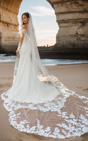Sexy Beach Mermaid Sweetheart Boho Off-the-Shoulder Lace Wedding Dress with Illusion Sleeve and Sweep Train