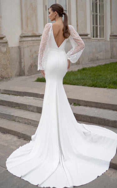 Mermaid Plunging Sparkly Sequins Illusion Sleeves Wedding Dress Sexy Deep-V Back Court Train Bridal Gown