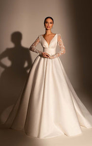 Simple Minimalist A-Line Glitter Satin Chapel Train Ball Gown Wedding Dress with Lace Sleeves and Sash