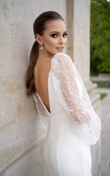 Mermaid Plunging Sparkly Sequins Illusion Sleeves Wedding Dress Sexy Deep-V Back Court Train Bridal Gown