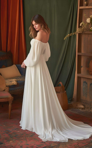 Beach Modest Simple A-Line Off-the-Shoulder Wedding Dress Modern Elegant Garden Half Sleeve Sweep Train Bridal Gown