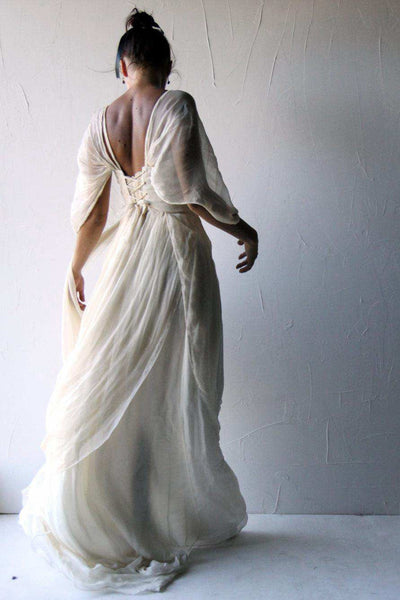 Simple Modest Casual Chiffon Corset Back Floor Length Sweep Train Wedding Dress