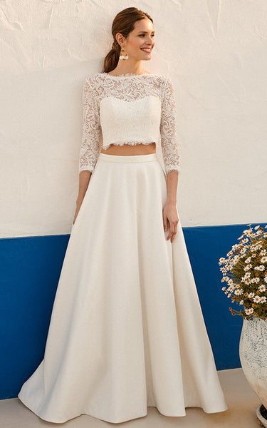 Modest Beach A-Line Two Piece 3/4 Length Sleeve Wedding Dress Casual Gorgeous Crop Top Maxi Lace Top Satin Bridal Gown