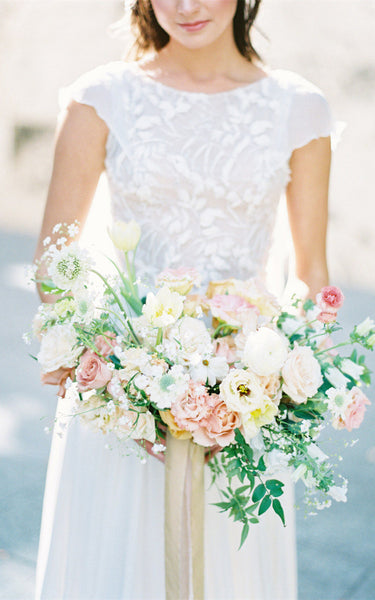 Beach Floral Lace Ethereal Voluminous Tulle Cape-Like Sleeves Button Back A-Line Bateau Maxi Wedding Dress