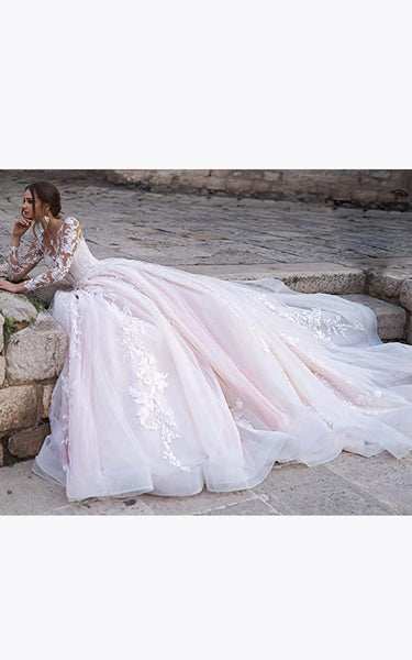 Urban Sexy Boho Lace A-Line Ball Gown Wedding Dress Princess Tulle Plunging Illusion Sleeved Appliques Backless with Button Bridal Gown