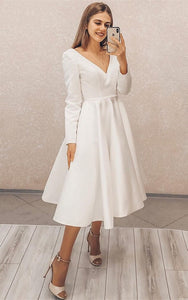 Vintage Modest A-Line Tea Length Satin Wedding Dress Simple Casual Long Sleeve V-Neck Zipper Back Bridal Gown
