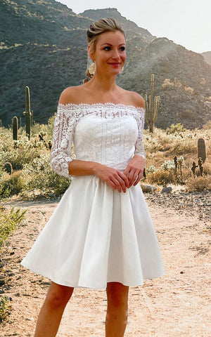 Vintage Country Short Off-the-Shoulder Boho Lace Midi Wedding Dress Floral 3/4 Length Sleeve Illusion Back Bridal Gown