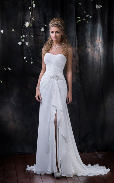 Vintage Elegant Sweetheart Strapless Chiffon Satin Wedding Dress Modest Casual Split Front Sleeveless Beaded Bridal Gown with Ruffles