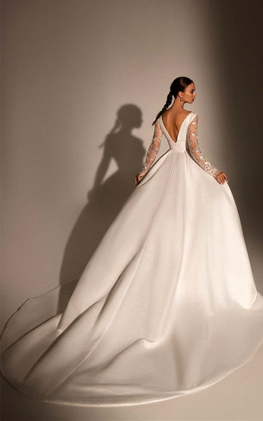 Simple Minimalist A-Line Glitter Satin Chapel Train Ball Gown Wedding Dress with Lace Sleeves and Sash