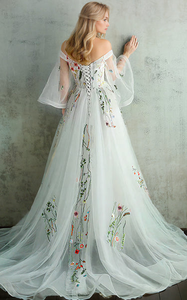 Floral Bell Sleeves A-Line Boho Lace Ballgown Wedding Dress Etheral Princess Off-the-Shoulder Party Evening Gown