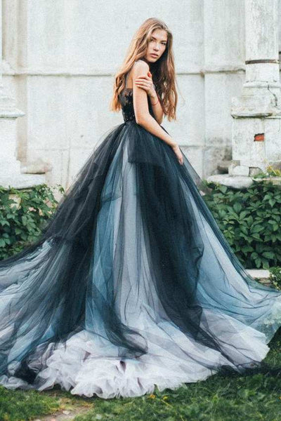 Gothic Black and Grey A-Line Ball Gown Wedding Dress Whimsical Boho Flowy Sleeveless Tulle Spaghetti Straps Court Train Bridal Gown