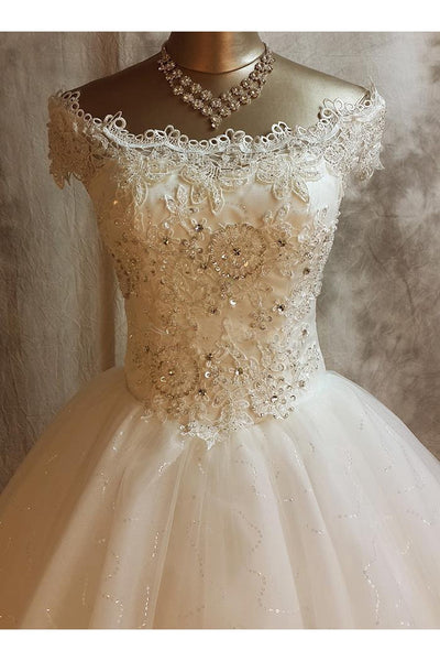 Princess Floral Short Sleeves A-Line Boho Off-the-Shoulder Lace Wedding Dress Vintage Unique Sparkly Tulle Ball Gown with Appliques and Beading