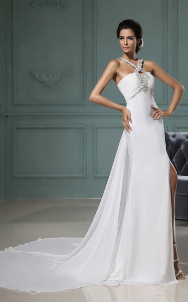 Modest Elegant Sheath Halter Neckline Wedding Dress Unique Criss-Cross Split Front Chapel Train Bridal Gown