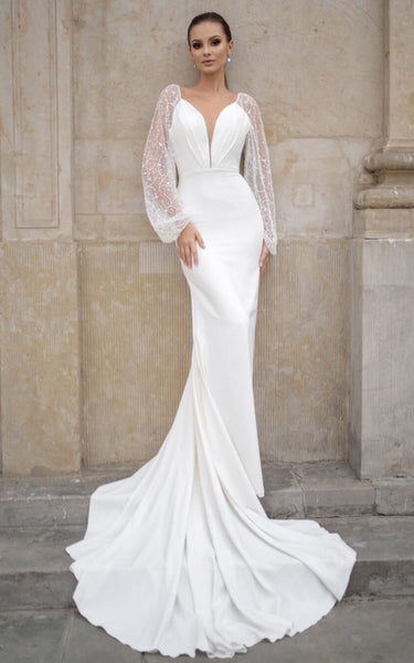 Mermaid Plunging Sparkly Sequins Illusion Sleeves Wedding Dress Sexy Deep-V Back Court Train Bridal Gown