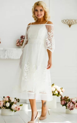 Floral Boho Lace A-Line Off-the-Shoulder Dress for Wedding Vintage Modest Tea-Length 3/4 Length Sleeve Bridal Gown