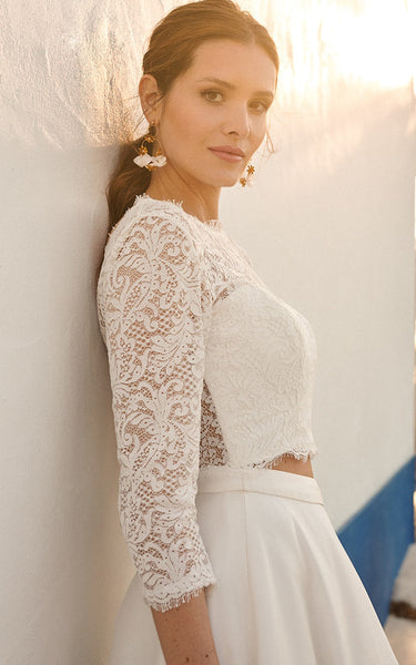 Modest Beach A-Line Two Piece 3/4 Length Sleeve Wedding Dress Casual Gorgeous Crop Top Maxi Lace Top Satin Bridal Gown