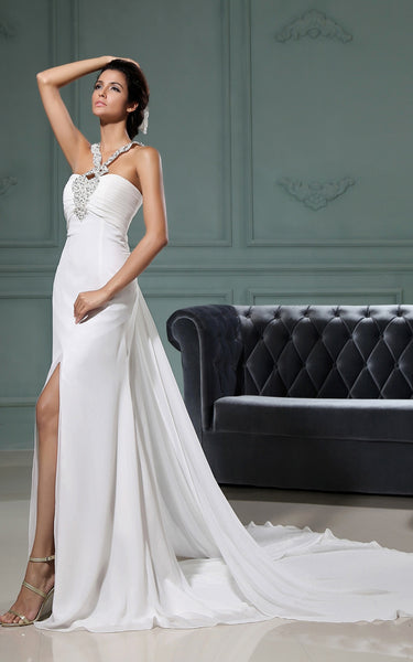 Modest Elegant Sheath Halter Neckline Wedding Dress Unique Criss-Cross Split Front Chapel Train Bridal Gown